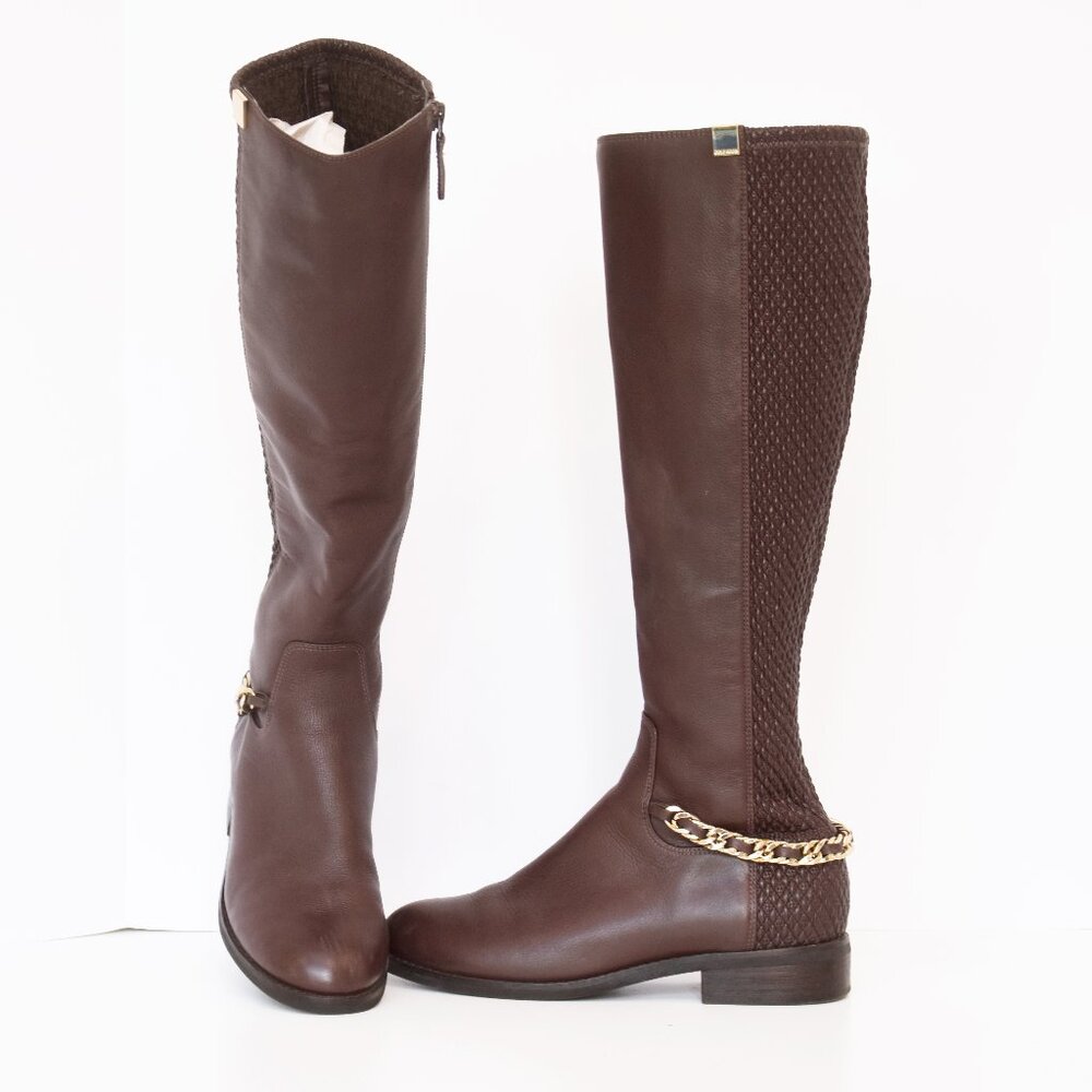 COLE HAAN IDINA Brown Tumbled Leather  Stretch Tall Boots w/Gold Chain Sz 6B